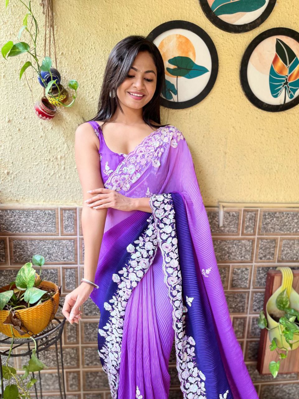 Teeya Creation Blue Color Georgette Embroidery Crush Work Saree | Grocsy