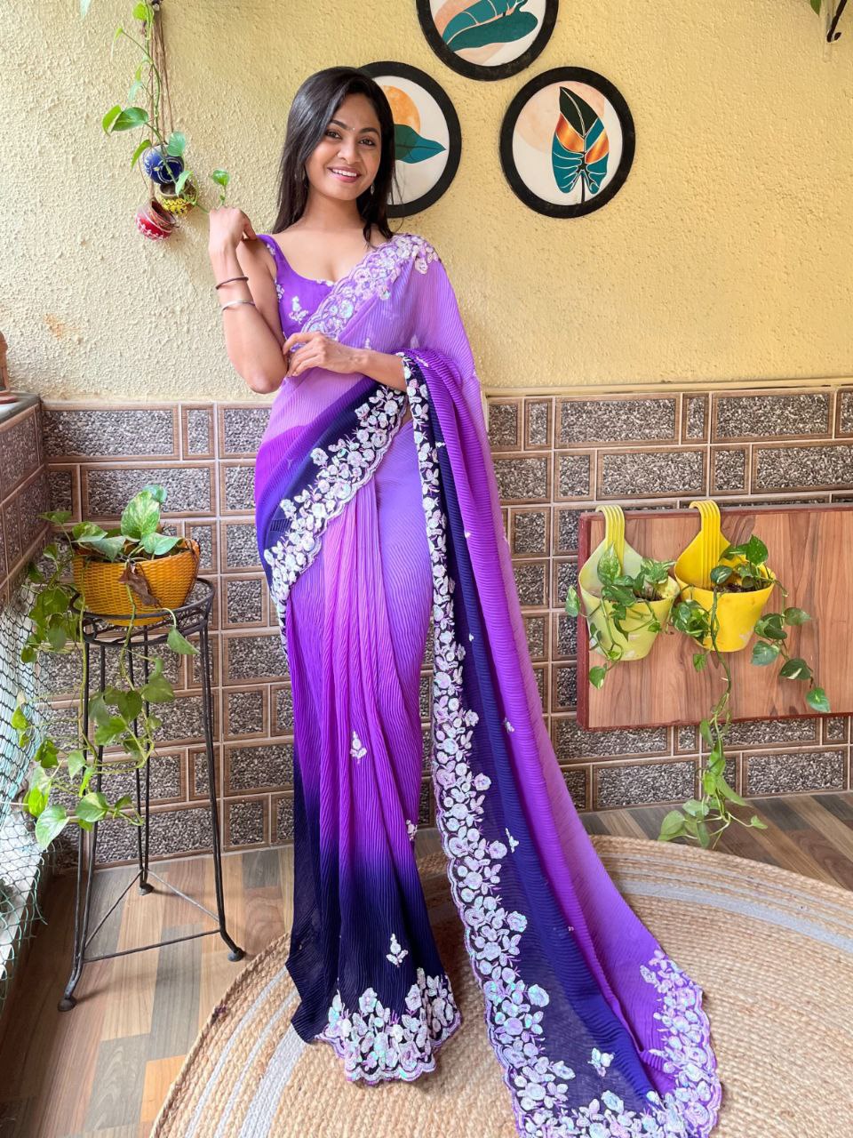 Teeya Creation Blue Color Georgette Embroidery Crush Work Saree | Grocsy