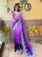 Teeya Creation Blue Color Georgette Embroidery Crush Work Saree | Grocsy