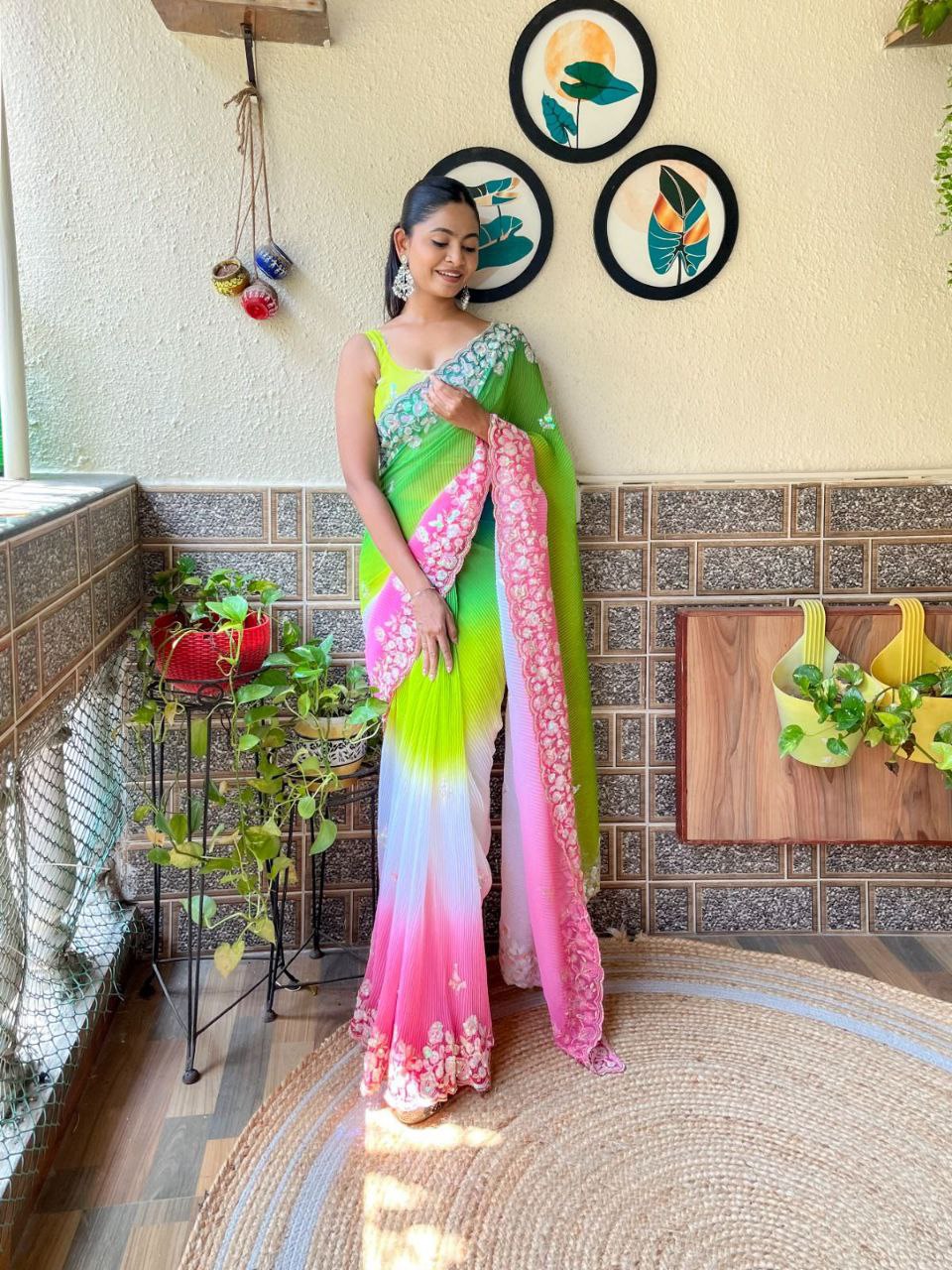 Teeya Creation parrot Color Georgette Embroidery Crush Work Saree | Grocsy