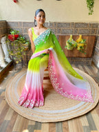 Teeya Creation parrot Color Georgette Embroidery Crush Work Saree | Grocsy