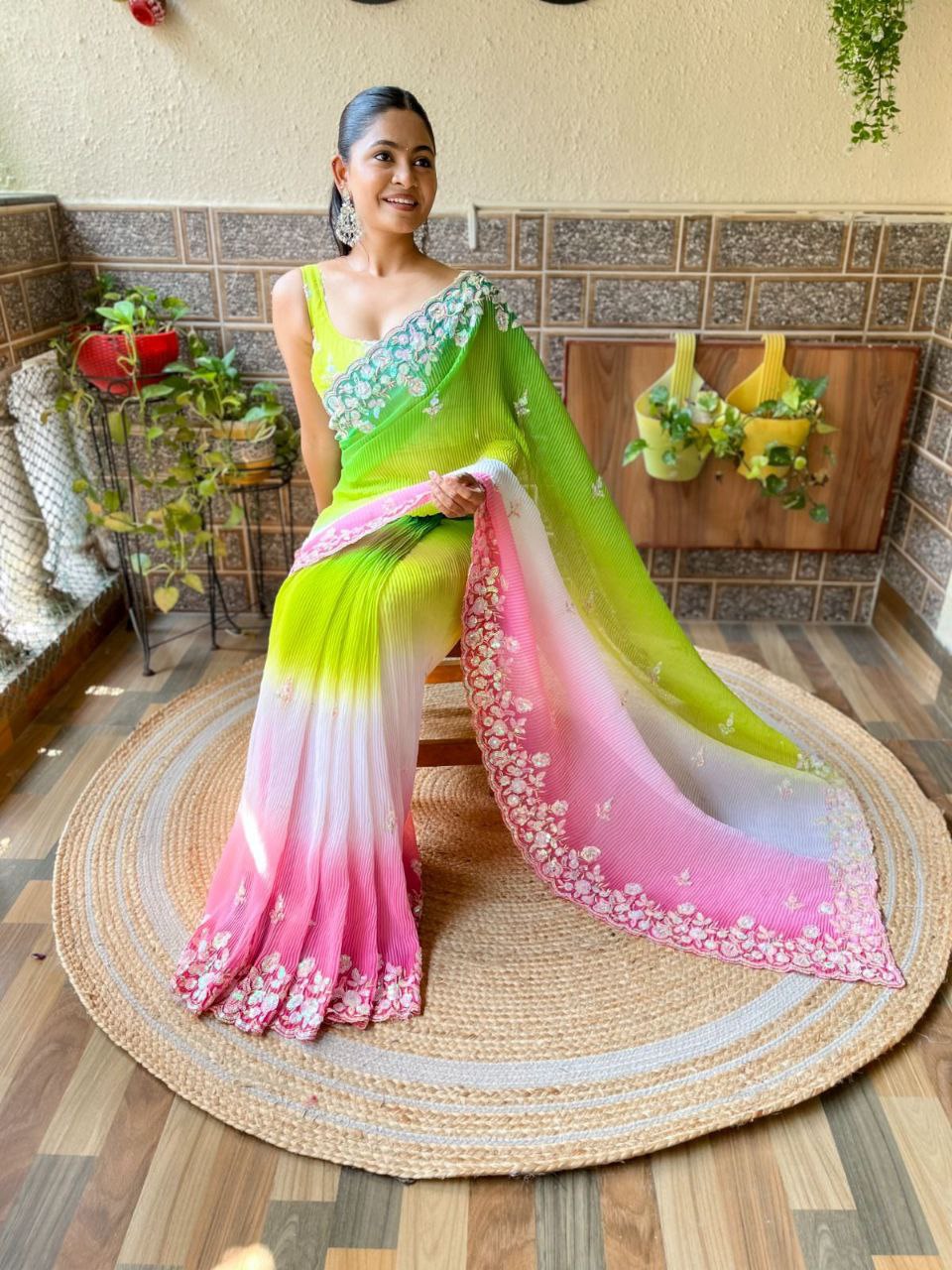 Teeya Creation parrot Color Georgette Embroidery Crush Work Saree | Grocsy