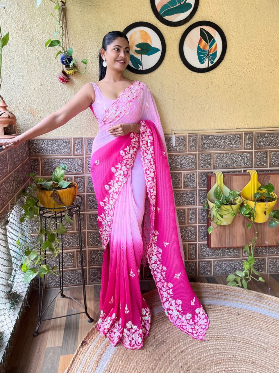 Teeya Creation Pink Color Georgette Embroidery Crush Work Saree | Grocsy