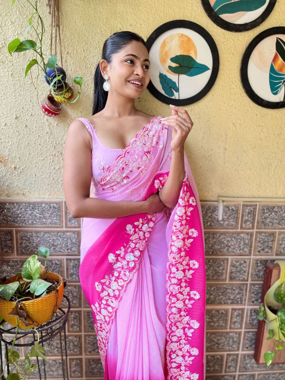 Teeya Creation Pink Color Georgette Embroidery Crush Work Saree | Grocsy