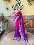 Teeya Creation Purple Color Georgette Embroidery Crush Work Saree | Grocsy