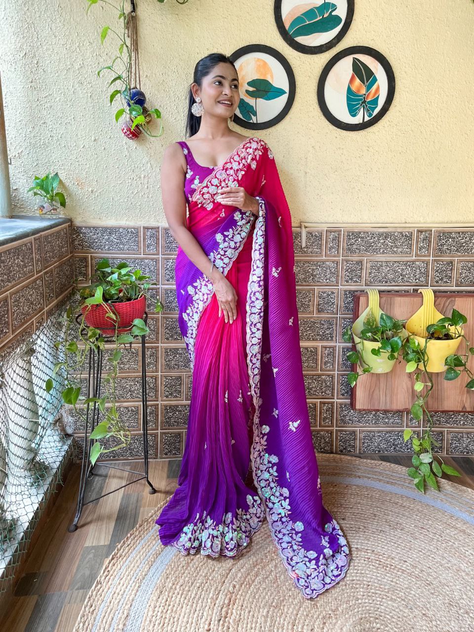 Teeya Creation Purple Color Georgette Embroidery Crush Work Saree | Grocsy
