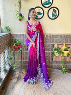 Teeya Creation Purple Color Georgette Embroidery Crush Work Saree | Grocsy