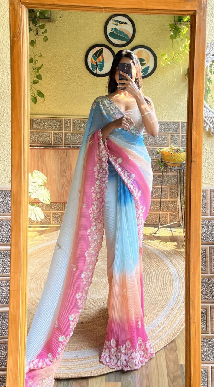 Teeya Creation Sky Color Georgette Embroidery Crush Work Saree | Grocsy