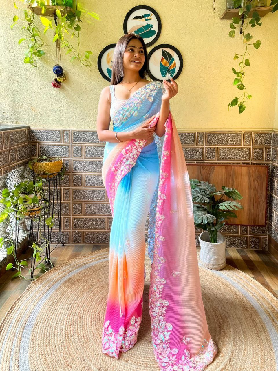 Teeya Creation Sky Color Georgette Embroidery Crush Work Saree | Grocsy