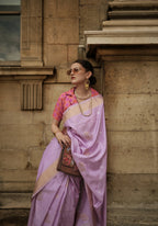 Crocus Purple & Peachsoft Handloom Sik Zari & Thread Work, Contrast Pallu Saree - Rajtex Kube Silk | Grocsy