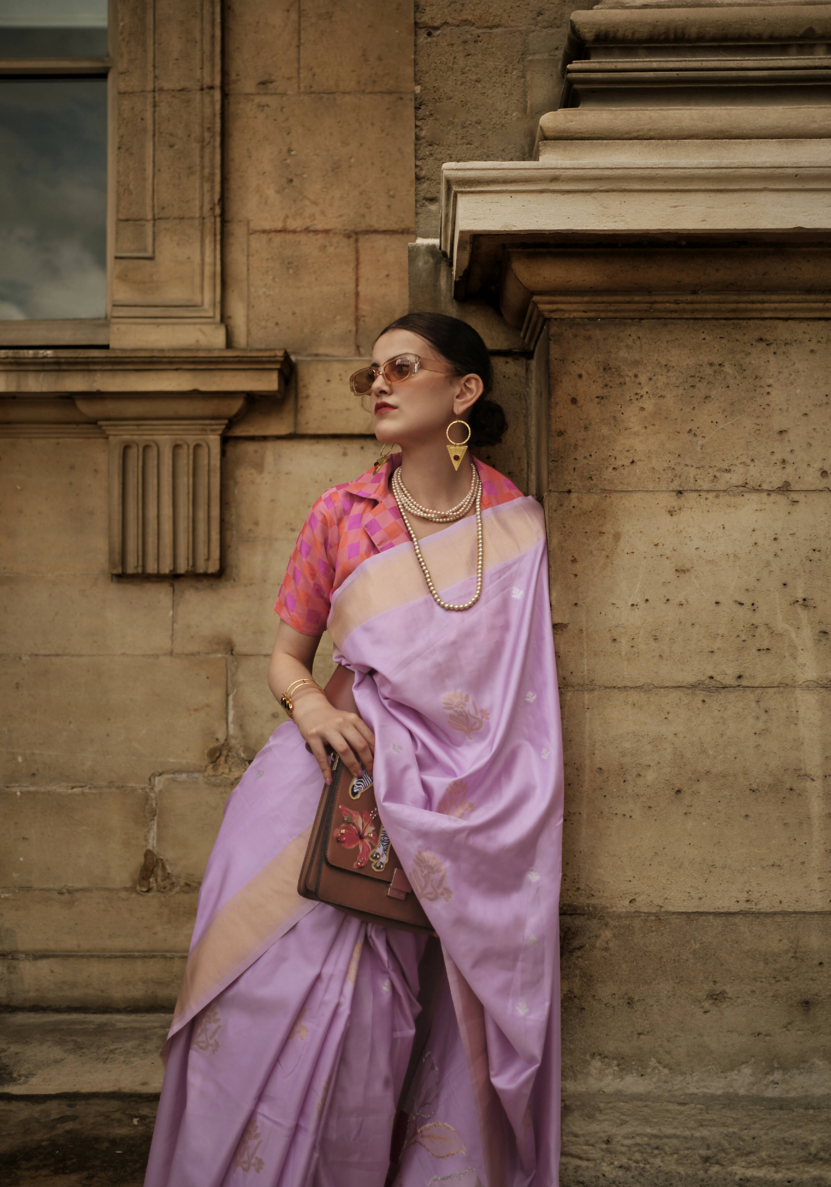 Crocus Purple & Peachsoft Handloom Sik Zari & Thread Work, Contrast Pallu Saree - Rajtex Kube Silk | Grocsy