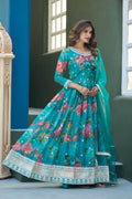 Anaita Blue Tabby Silk Readymade Anarkali Suit with Embroidery Thread & Sequence Work | Grocsy