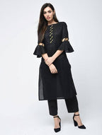 Aniyah Cotton Criss Cross Bell Sleeves Straight Kurta In Black (AN-101C) | Grocsy