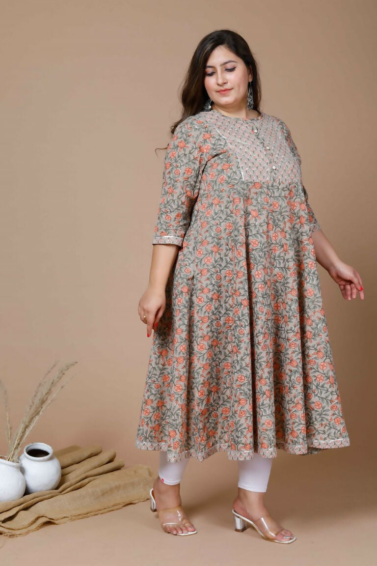 Miravan Women's Plus Size Camel Brown Gotta Patti Pure Cotton Anarkali Kurta | Grocsy