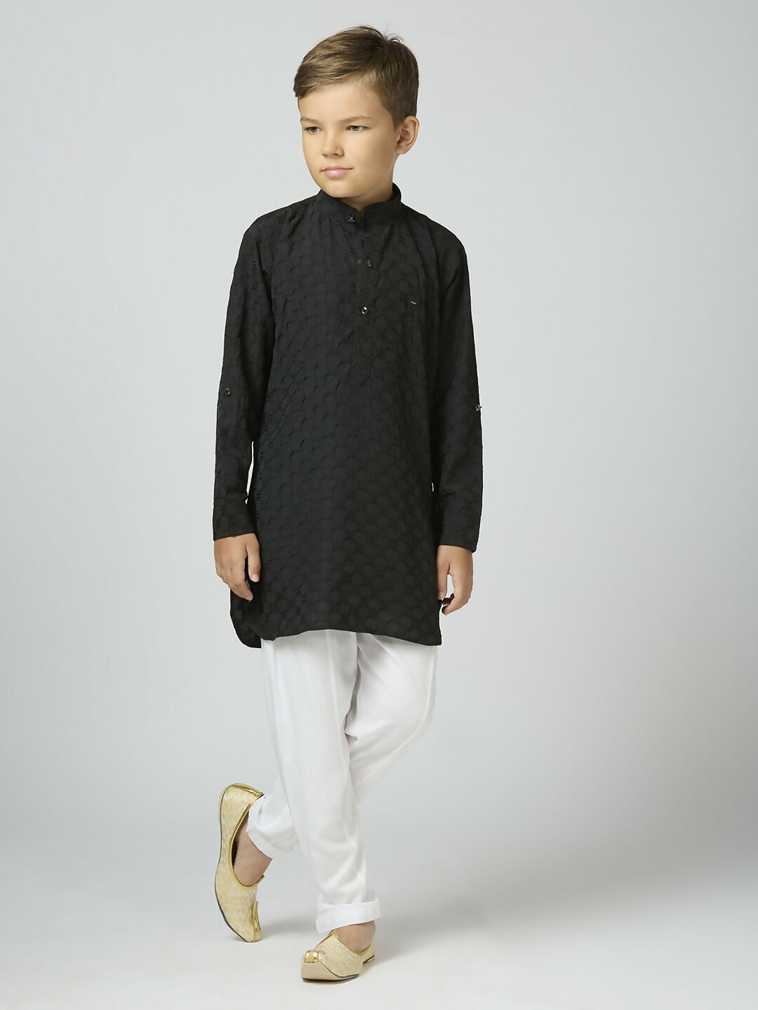 Joban Fashion Kids Island Full Sleeves Texture Cotton Kurta and Pyjama Set - Black | Grocsy