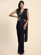 Navy Blue Imported Fabric Plain Ready to wear Saree with stitched Blouse - Vrinda | Grocsy