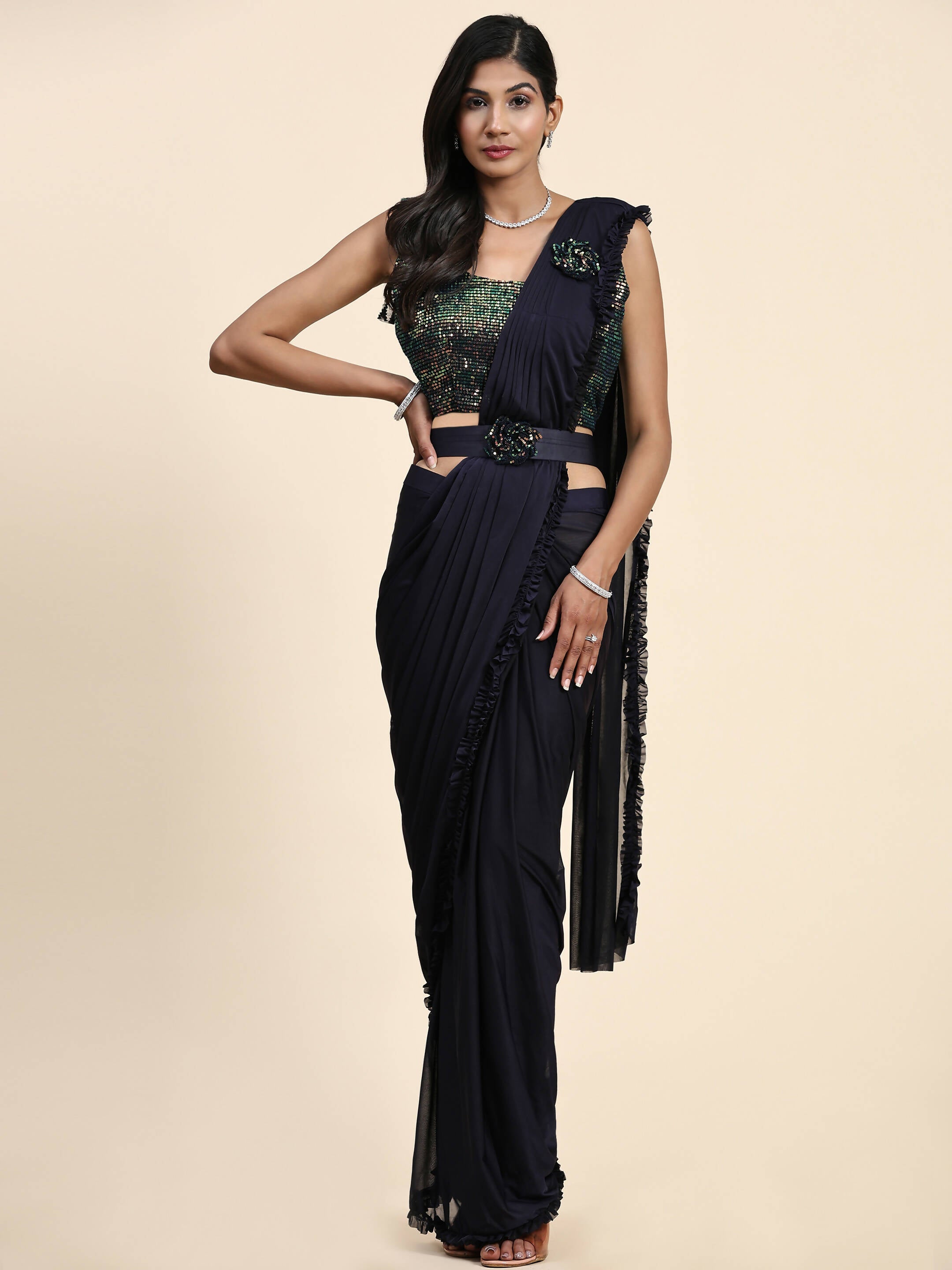 Navy Blue Imported Fabric Plain Ready to wear Saree with stitched Blouse - Vrinda | Grocsy