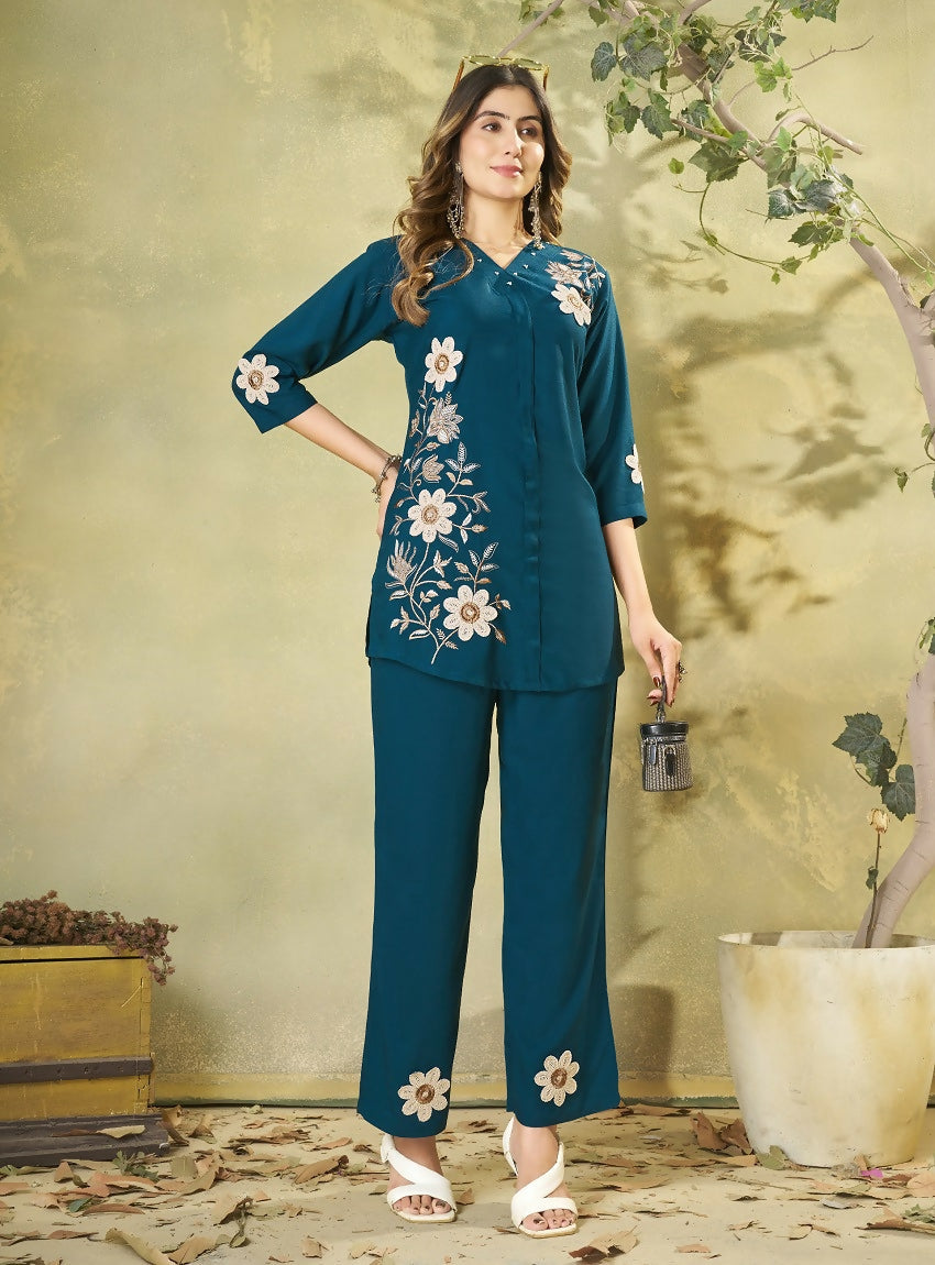 Teeya Creation Women Teal Blue Embroidered Tunic & Pant Co-Ord Set | Grocsy