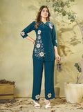 Teeya Creation Women Teal Blue Embroidered Tunic & Pant Co-Ord Set | Grocsy