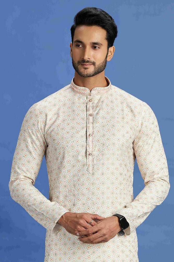 Raivat Ethnic Cotton Embroidery Kurta Pajama In Beige and Yellow Colour | Grocsy