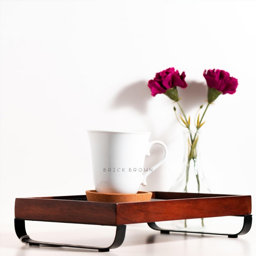 Brick Brown Premium Wooden Serving Tray/Platter with Black Metal Stand | Grocsy