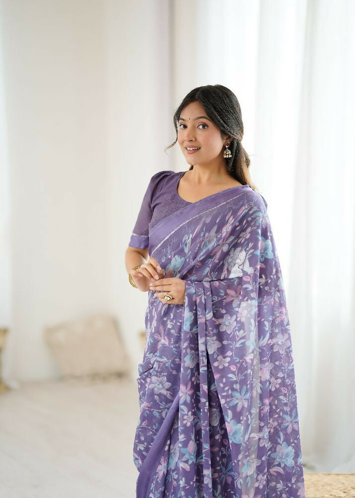 PR Fashion Lavender Bright Moss Satin Patta Printed Saree | Grocsy