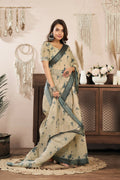 Joban Fashion Beige Floral Linen Ready To Wear Saree With Unstitched Blouse | Grocsy