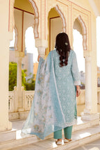 Vaasva Women Sky Blue Linen Floral Printed Kurta, Pant & Dupatta set | Grocsy