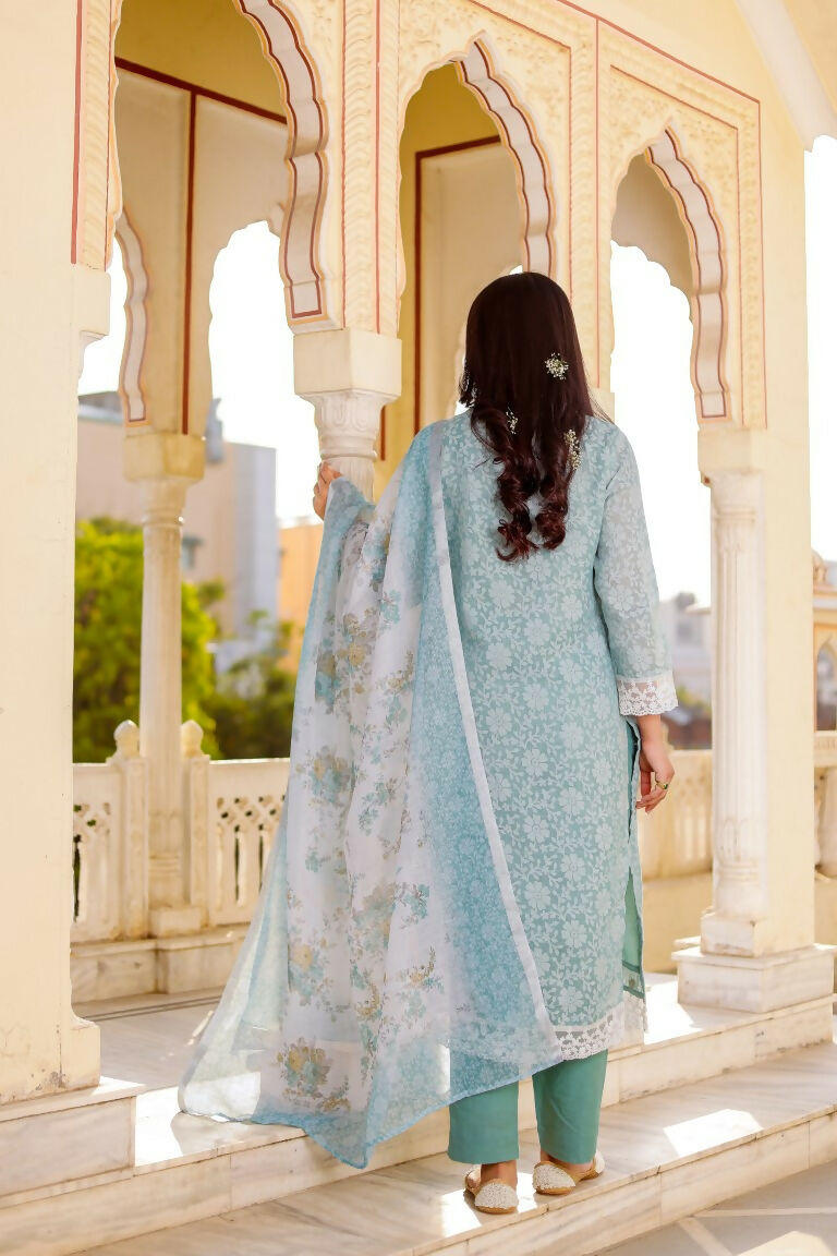 Vaasva Women Sky Blue Linen Floral Printed Kurta, Pant & Dupatta set | Grocsy