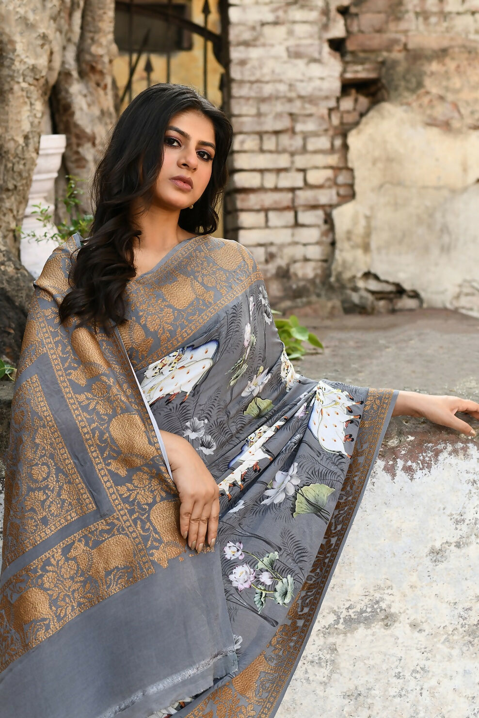 Joban Fashion Silver Grey Pure Crepe Pure Handloom Banarasi Silk Saree | Grocsy