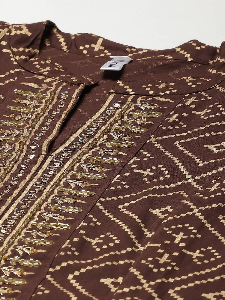 Yufta Women Brown Printed Panelled Beads and Stones Pure Cotton Kurta with Trouser & With Dupatta | Grocsy