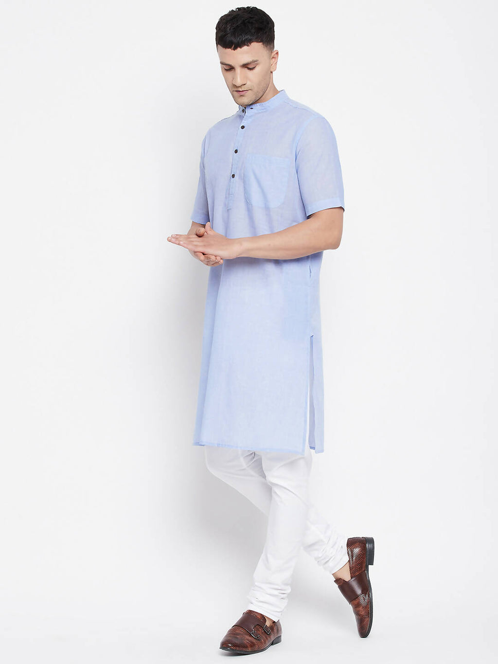 Even Apparels Blue Pure Cotton Men's H/S Kurta With Band Collar | Grocsy