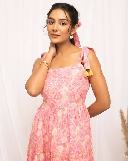 FIORRA Women's Peach Cotton Floral Printed Western Dress | Grocsy