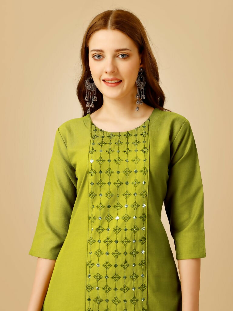 Jyoti Fashion Women's Green Cotton Blend Embroidered Kurta Pant Set | Grocsy