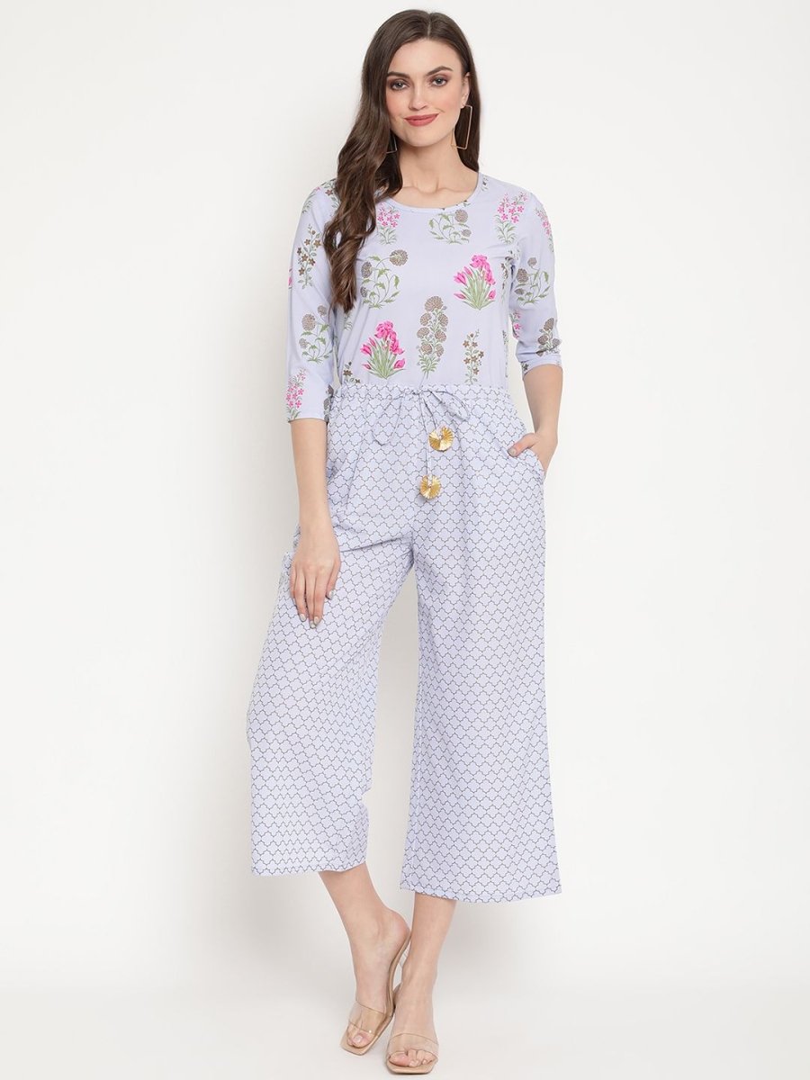 Ahalyaa Womens Blue Crepe Printed Jumpsuit | Grocsy