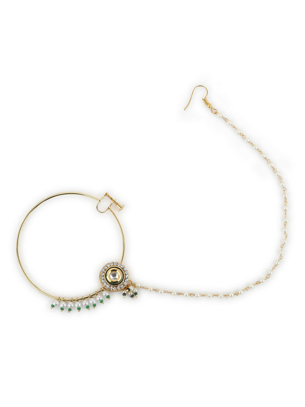 Gold-Polished White Green Kundan-Studded Pearl Beaded Nosepin - Ruby Raang | Grocsy