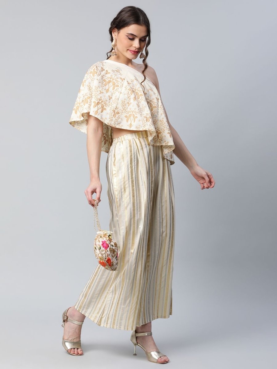 Ahalyaa Women Off White Crepe Floral Printed Top with Palazzos | Grocsy