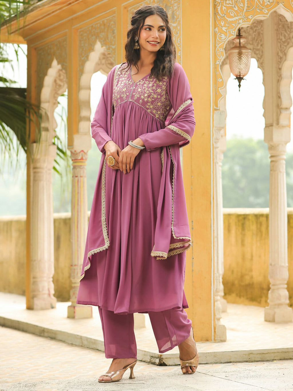Janasya Lavender Georgette Yoke Embroidery Kurta,Bottom & Dupatta | Grocsy