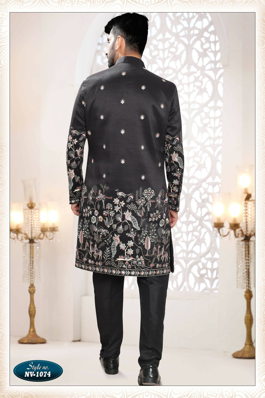 Joban Fashion Men's Black Straight Silk Thread And Sequence Embroidery All Over 3 Pc Kurta Set | Grocsy