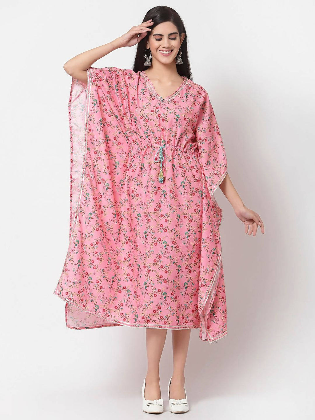 Myshka Women's Pink Polyester Printed Full Sleeve V Neck Casual Kaftaan | Grocsy