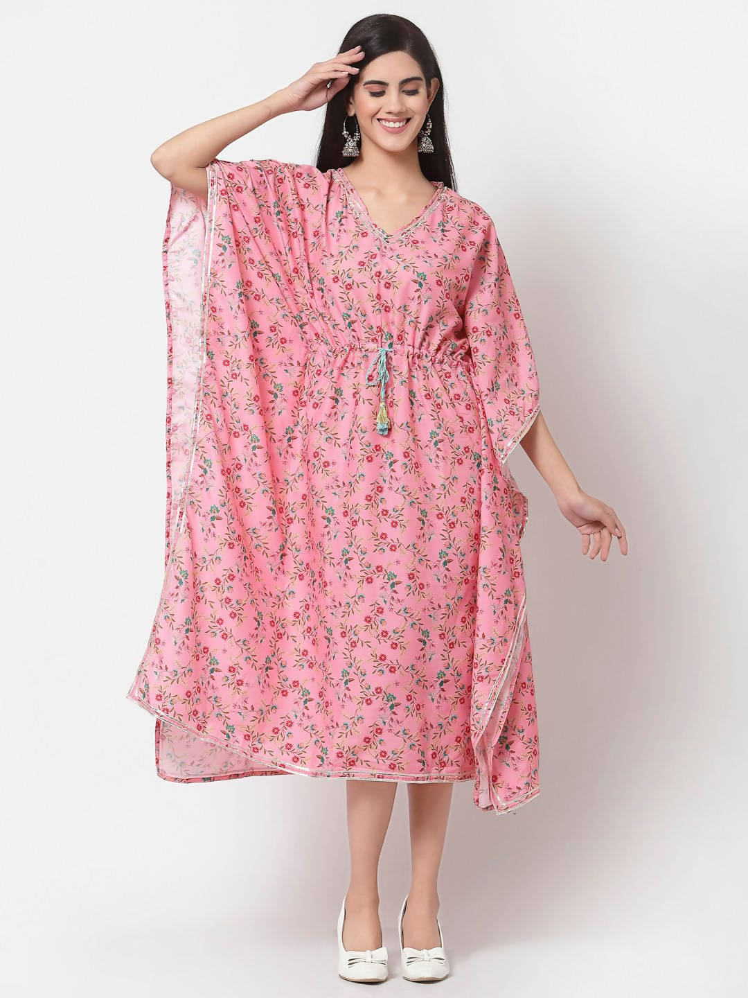 Myshka Women's Pink Polyester Printed Full Sleeve V Neck Casual Kaftaan | Grocsy
