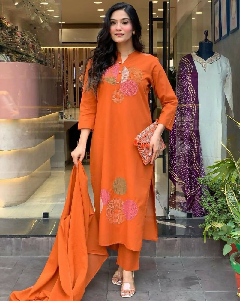 Teeya Creation Women Orange Geometric Embroidered Straight Kurta with Pants and Dupatta Set | Grocsy