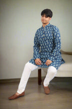 Souchii Men's Ethnic Printed Pure Cotton Kurta – Indigo Leaf Motif | Grocsy