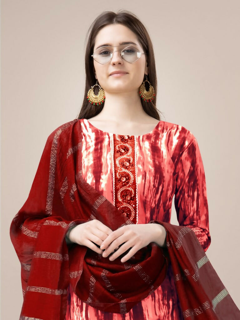 Jyoti Fashion Women's Orange Rayon Print with Embroidery & Fancy Lace Work Kurta with Trouser & Dupatta | Grocsy