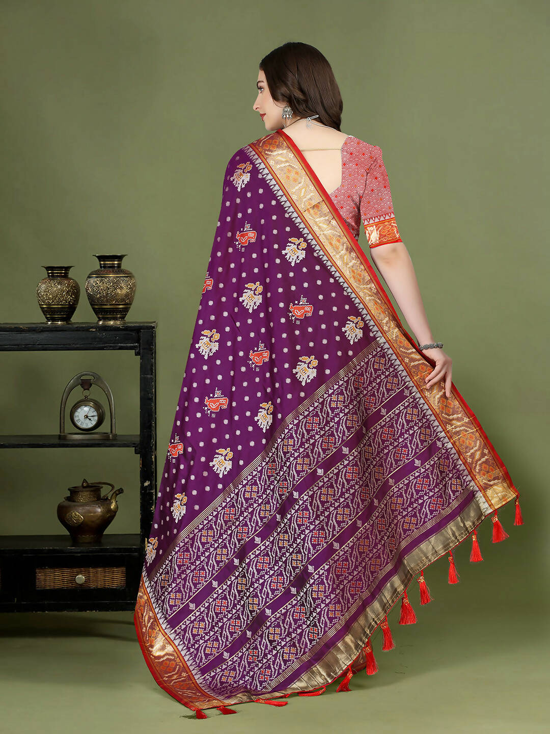 Lorenvalley Fashion Purple Patola Silk Woven Design Zari Meenakari Weaving Saree | Grocsy