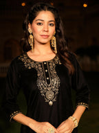 Juniper Women's The Sunehri Black Zari Embroidered Velvet Top & Skirt Set With Sequins & Buttons | Grocsy