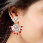 Women Rhodium Plated With Stunning Matte Finish Traditional Kundan & Faux Pearl Chandbali Earrings With Maang Tikka Set - Wahe Jewels - Swadesiicart