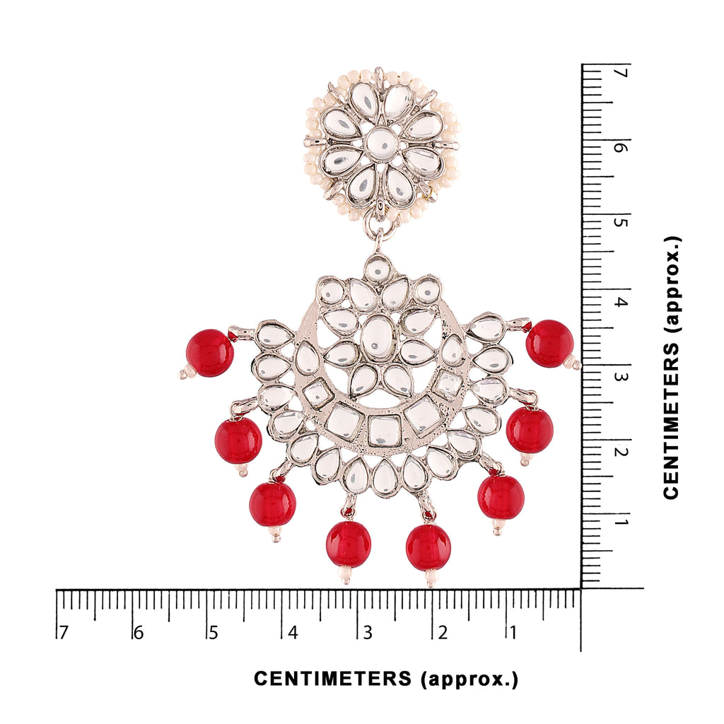 Women Rhodium Plated With Stunning Matte Finish Traditional Kundan & Faux Pearl Chandbali Earrings With Maang Tikka Set - Wahe Jewels - Swadesiicart