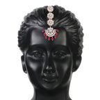 Women Rhodium Plated With Stunning Matte Finish Traditional Kundan & Faux Pearl Chandbali Earrings With Maang Tikka Set - Wahe Jewels - Swadesiicart