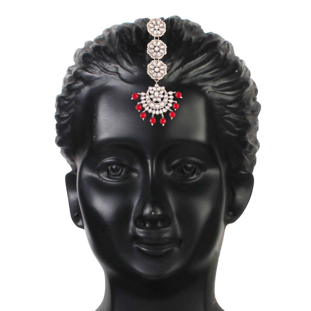 Women Rhodium Plated With Stunning Matte Finish Traditional Kundan & Faux Pearl Chandbali Earrings With Maang Tikka Set - Wahe Jewels - Swadesiicart